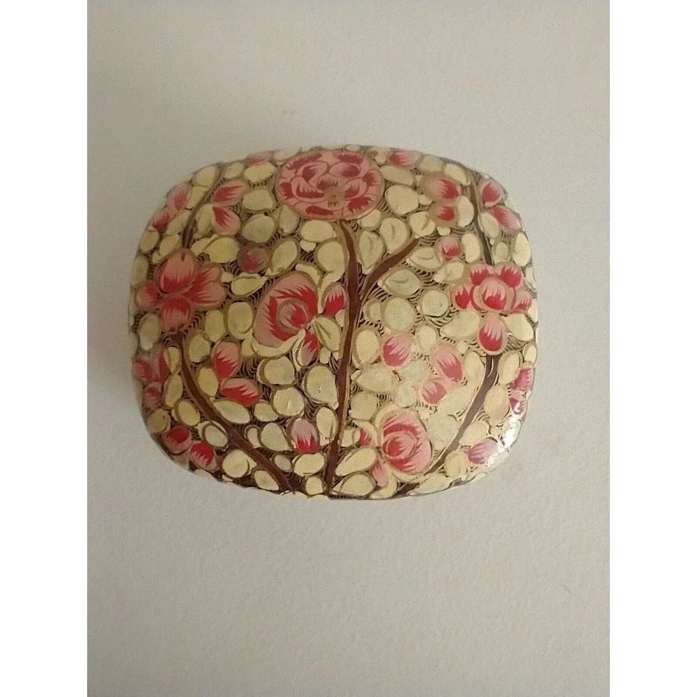 Kashmiri Hand Painted Vintage Trinket Ring Box India Folk Art Lacquered Finish